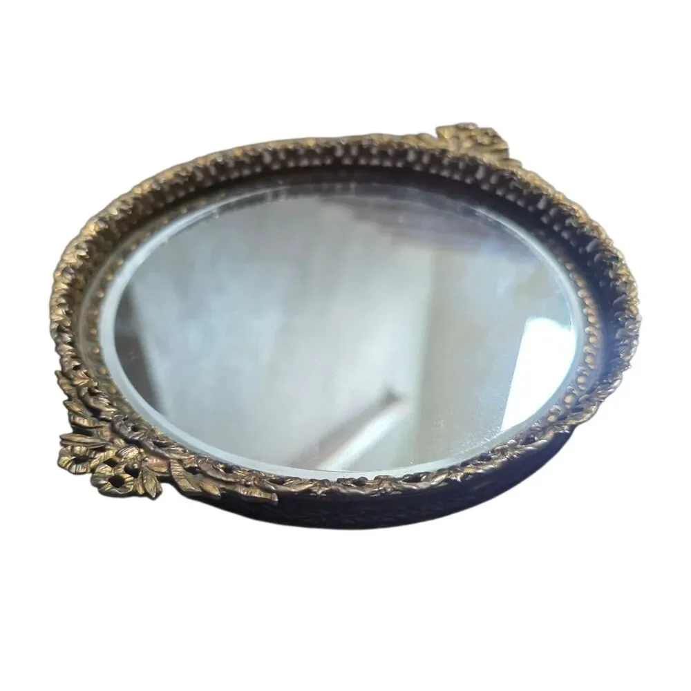 Vintage French Louis XV Style Gilt Bronze Metal Mirror Bow Edge 1970s Small 7